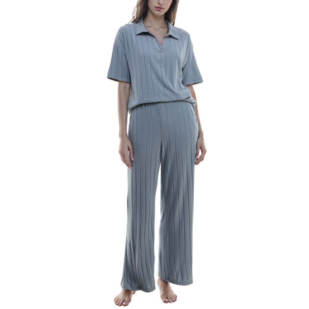 Roudelain Womens Ribbed Polo Pajama Lounge Set Blue XL  Wide Leg Pant PJs NWT